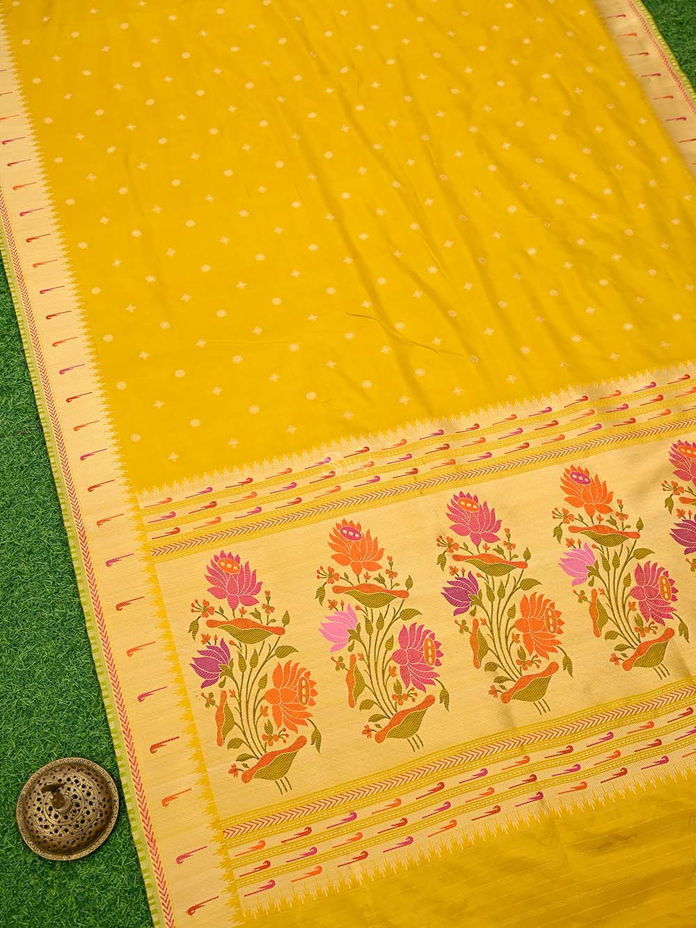 Mustard Paithani Katan Silk Handloom Banarasi Saree - Sacred Weaves