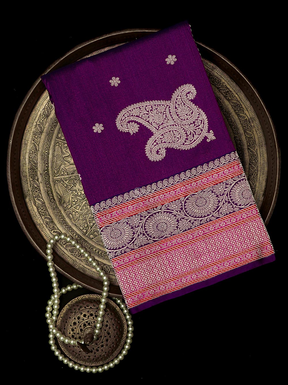 Purple Booti Konia Tussar Silk Handloom Banarasi Saree