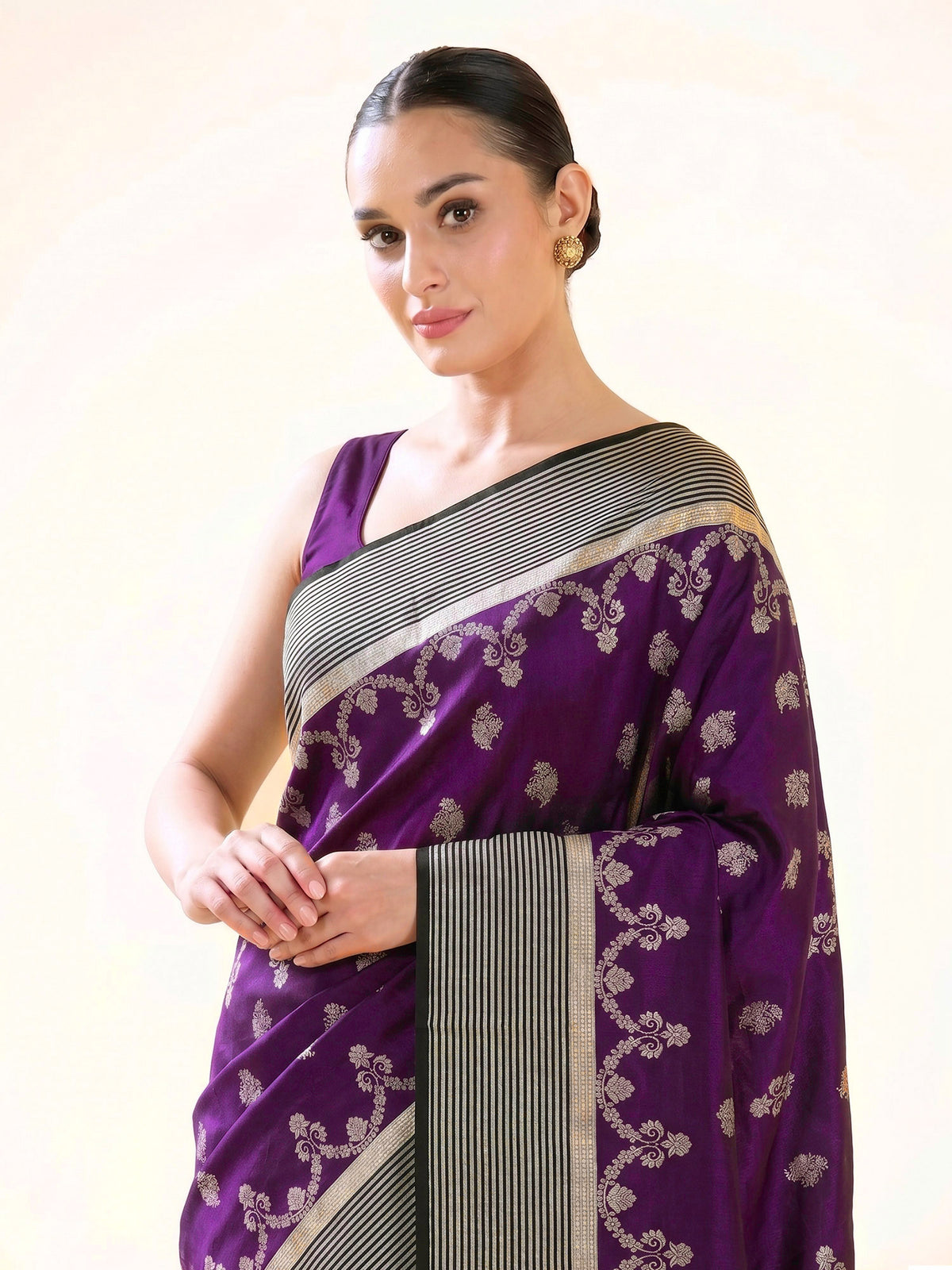 Dark Purple Booti Tussar Silk Handloom Banarasi Saree - Sacred Weaves