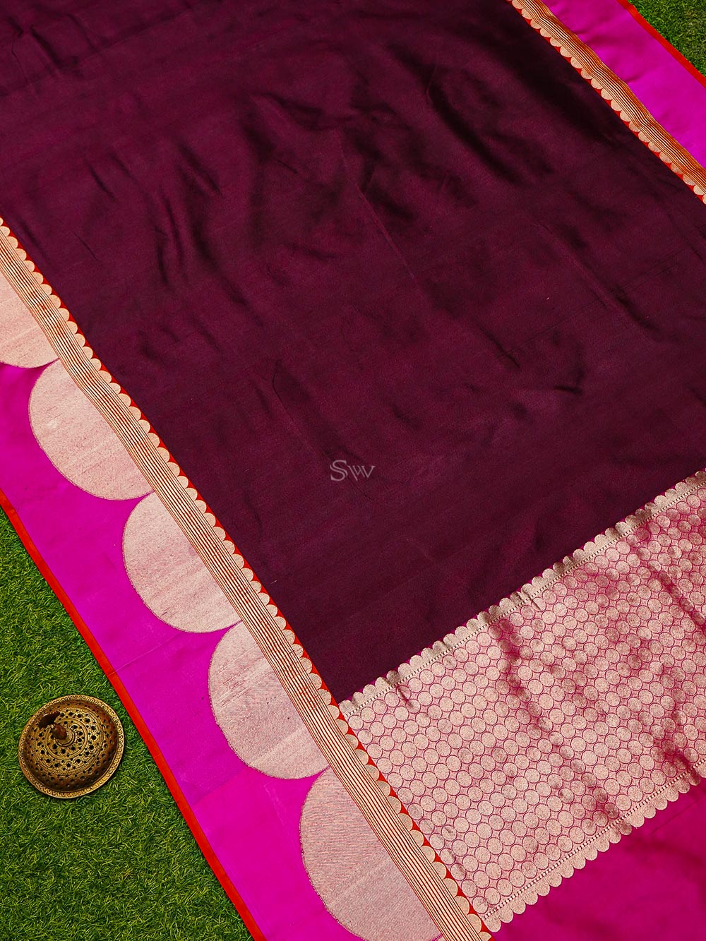 Dark Magenta Plain Tussar Silk Handloom Banarasi Saree