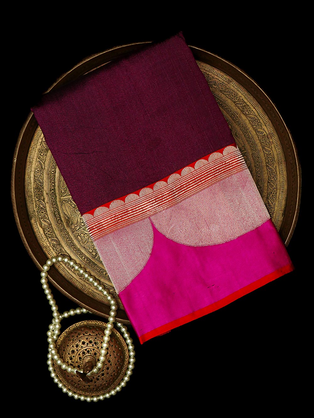 Dark Magenta Plain Tussar Silk Handloom Banarasi Saree