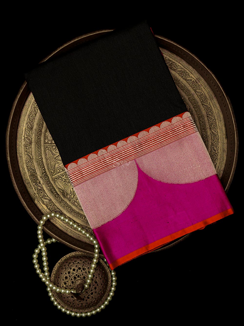 Black Plain Tussar Silk Handloom Banarasi Saree