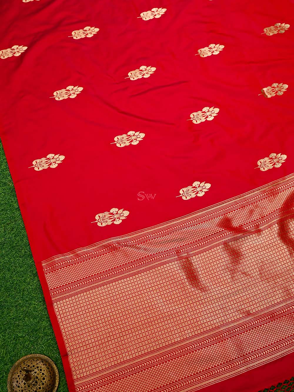 Red Boota Satin Silk Handloom Banarasi Saree - Sacred Weaves
