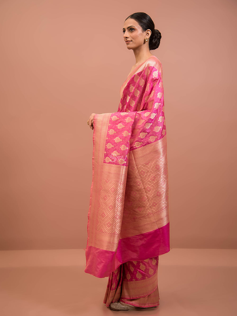 Pink Peach Uppada Katan Silk Handloom Banarasi Saree - Sacred Weaves