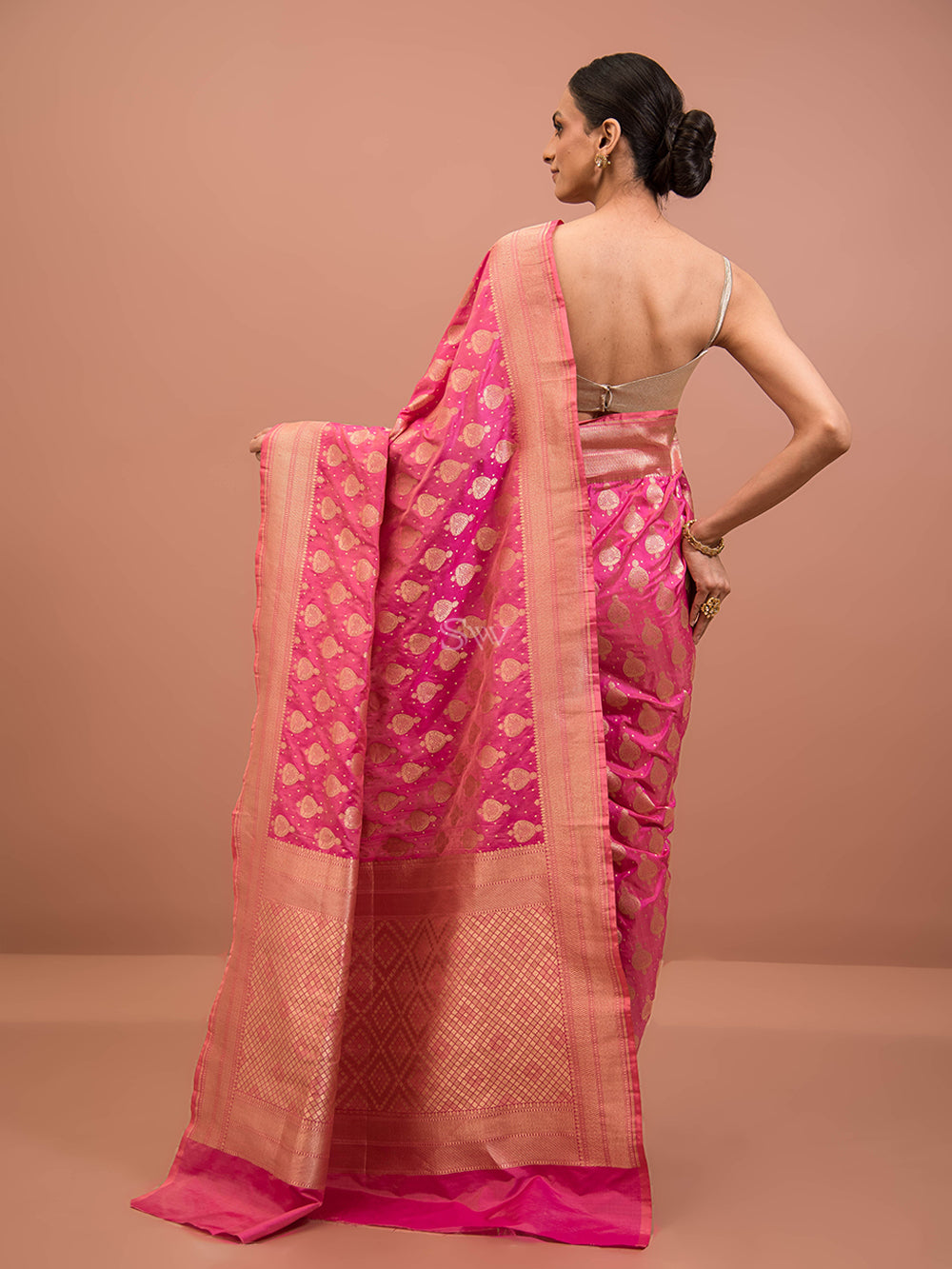 Pink Peach Uppada Katan Silk Handloom Banarasi Saree - Sacred Weaves