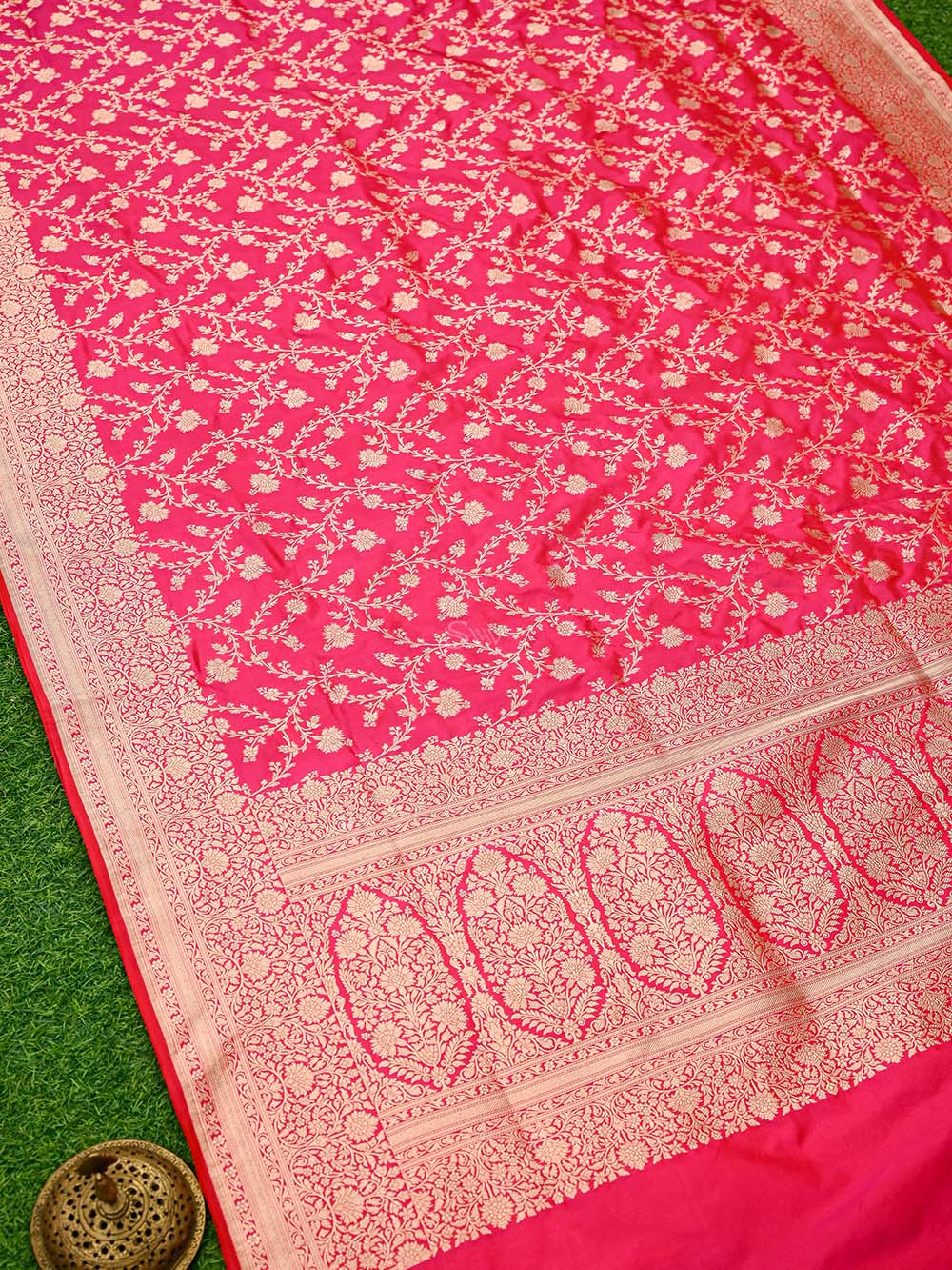 Pink Red Jaal Uppada Katan Silk Handloom Banarasi Saree - Sacred Weaves