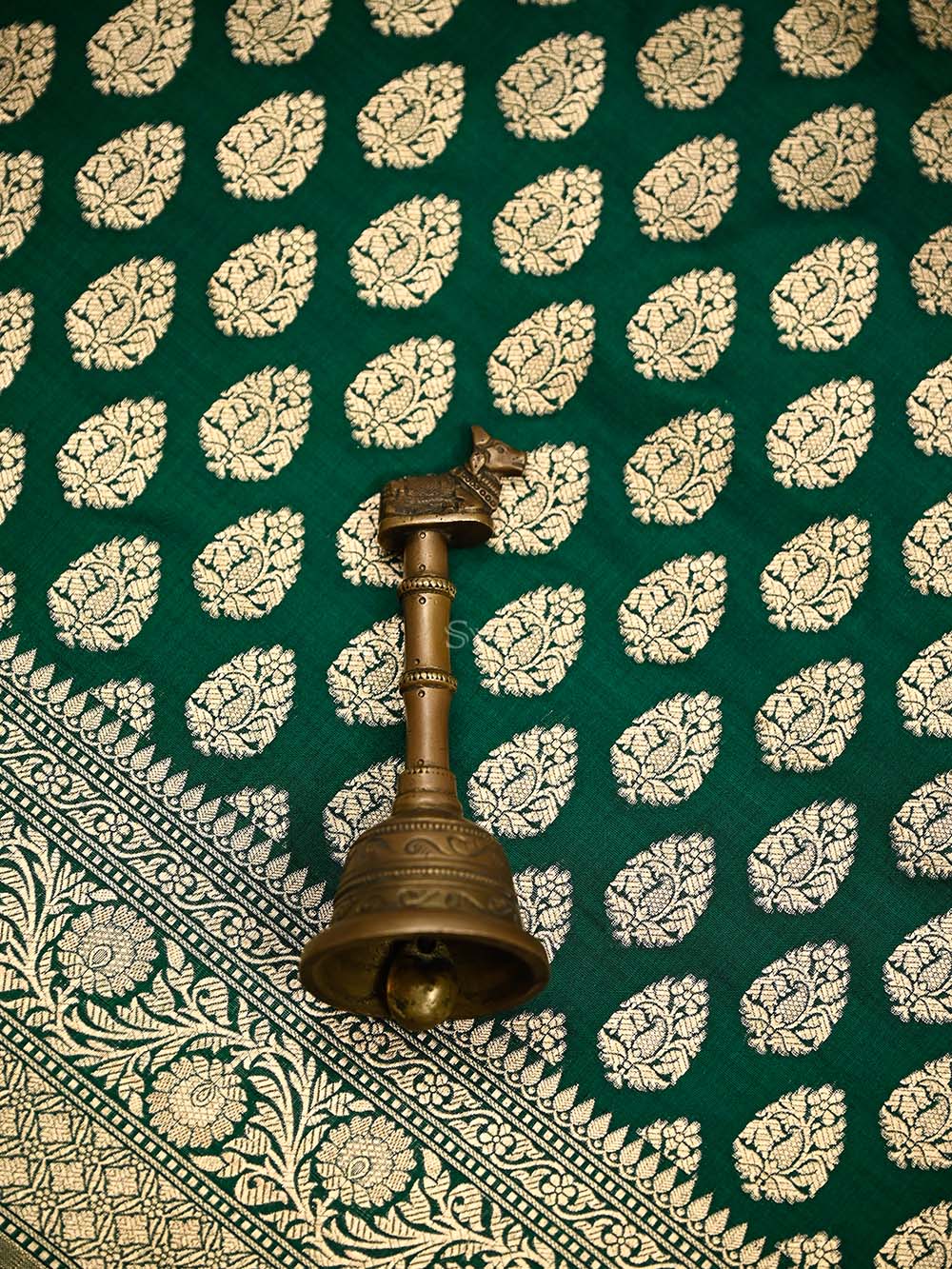 Bottle Green Booti Katan Silk Uppada Handloom Banarasi Saree - Sacred Weaves