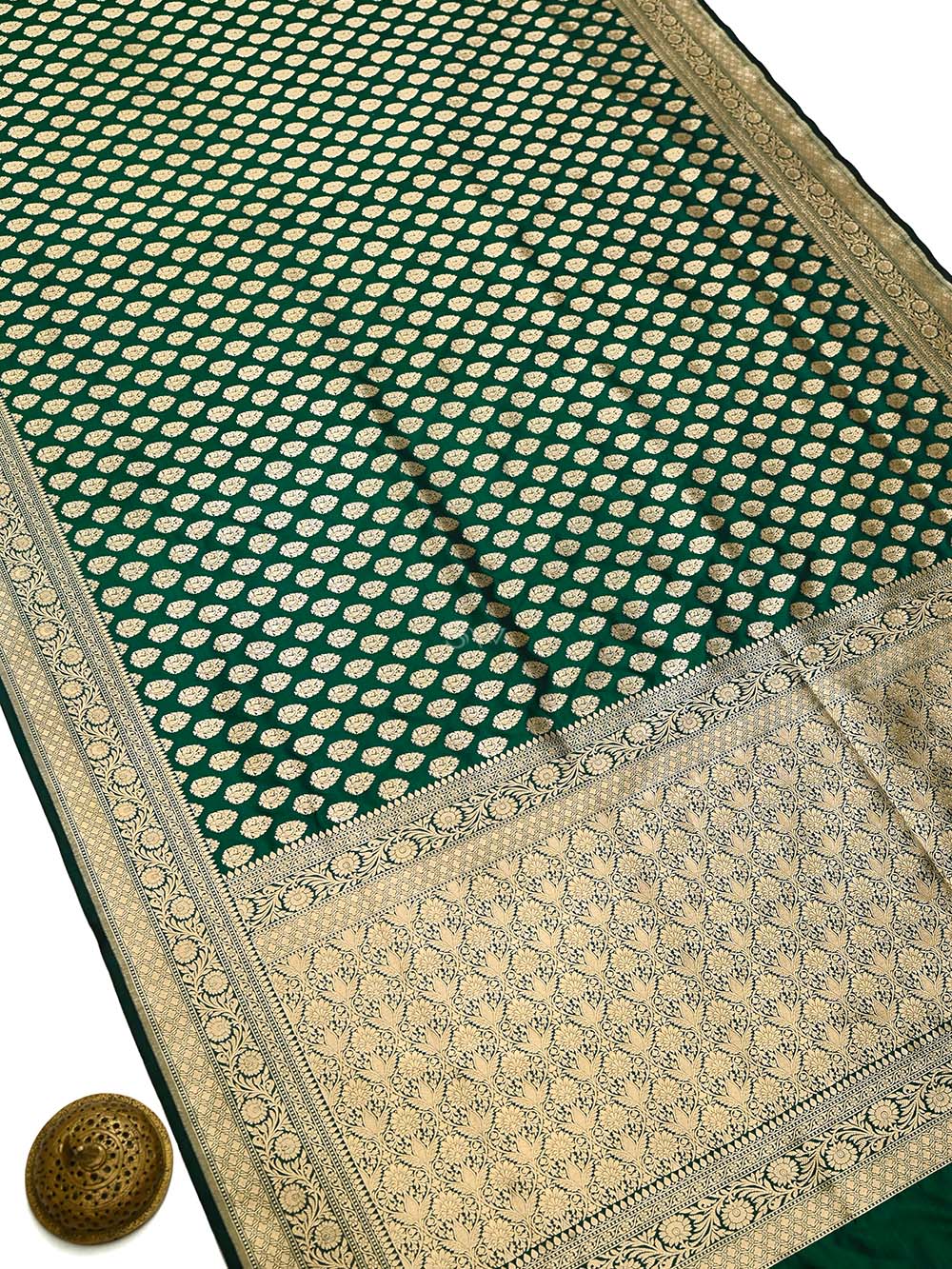 Bottle Green Booti Katan Silk Uppada Handloom Banarasi Saree - Sacred Weaves