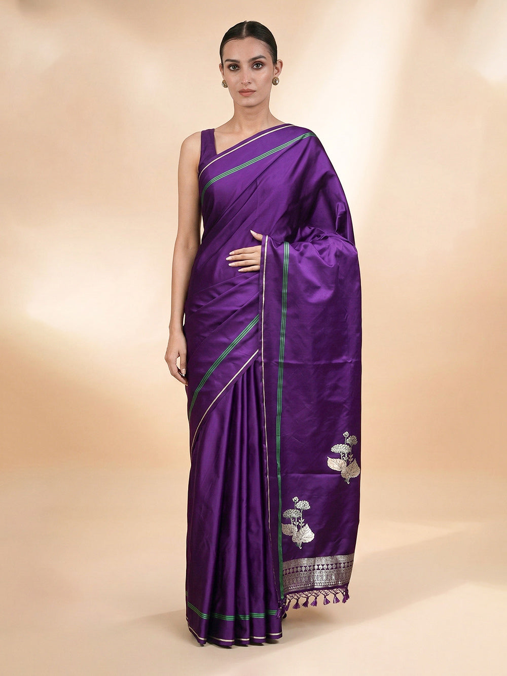 Purple Plain Satin Silk Handloom Banarasi Saree - Sacred Weaves