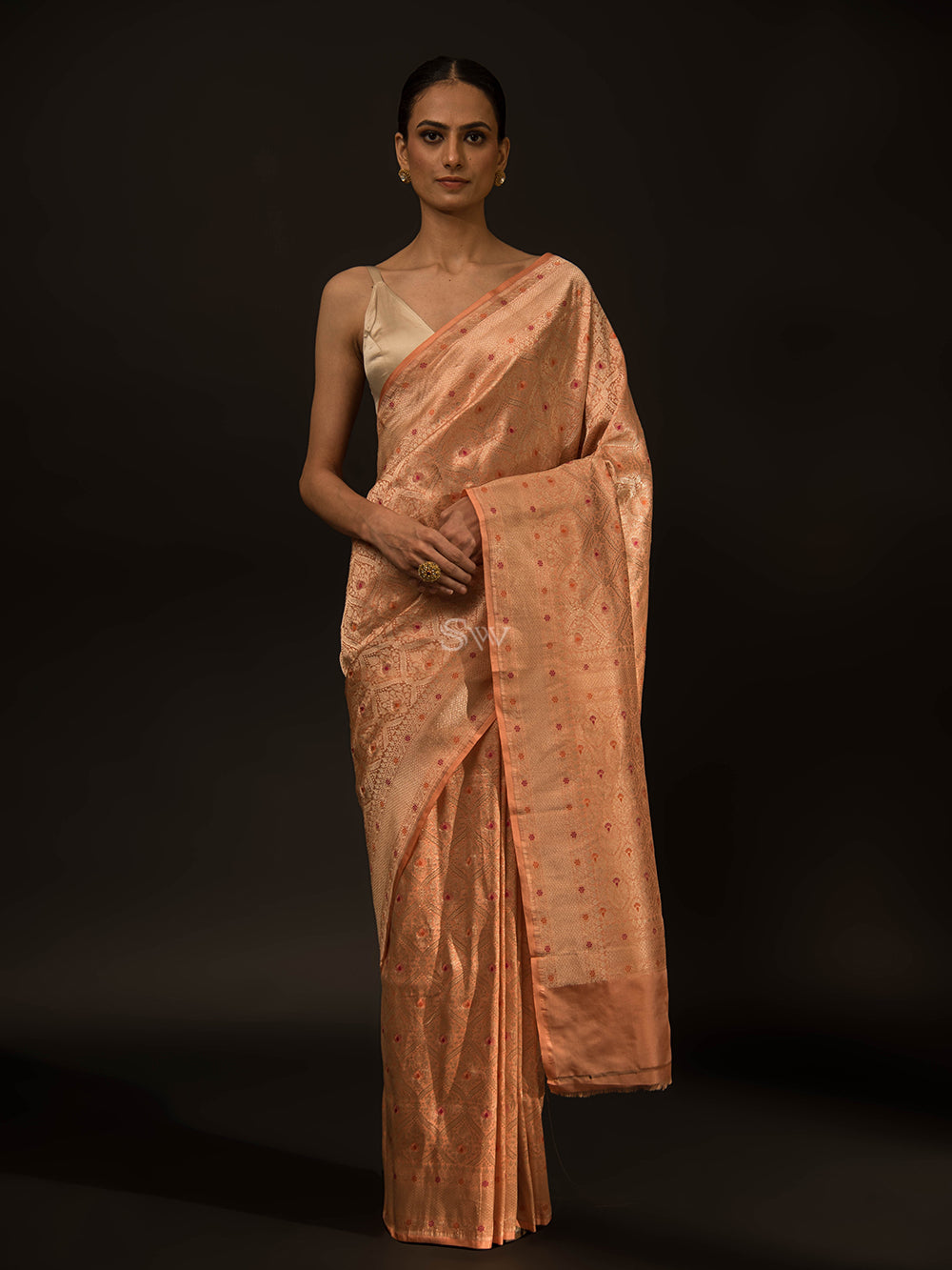 Peach Brocade Katan Silk Handloom Banarasi Saree - Sacred Weaves