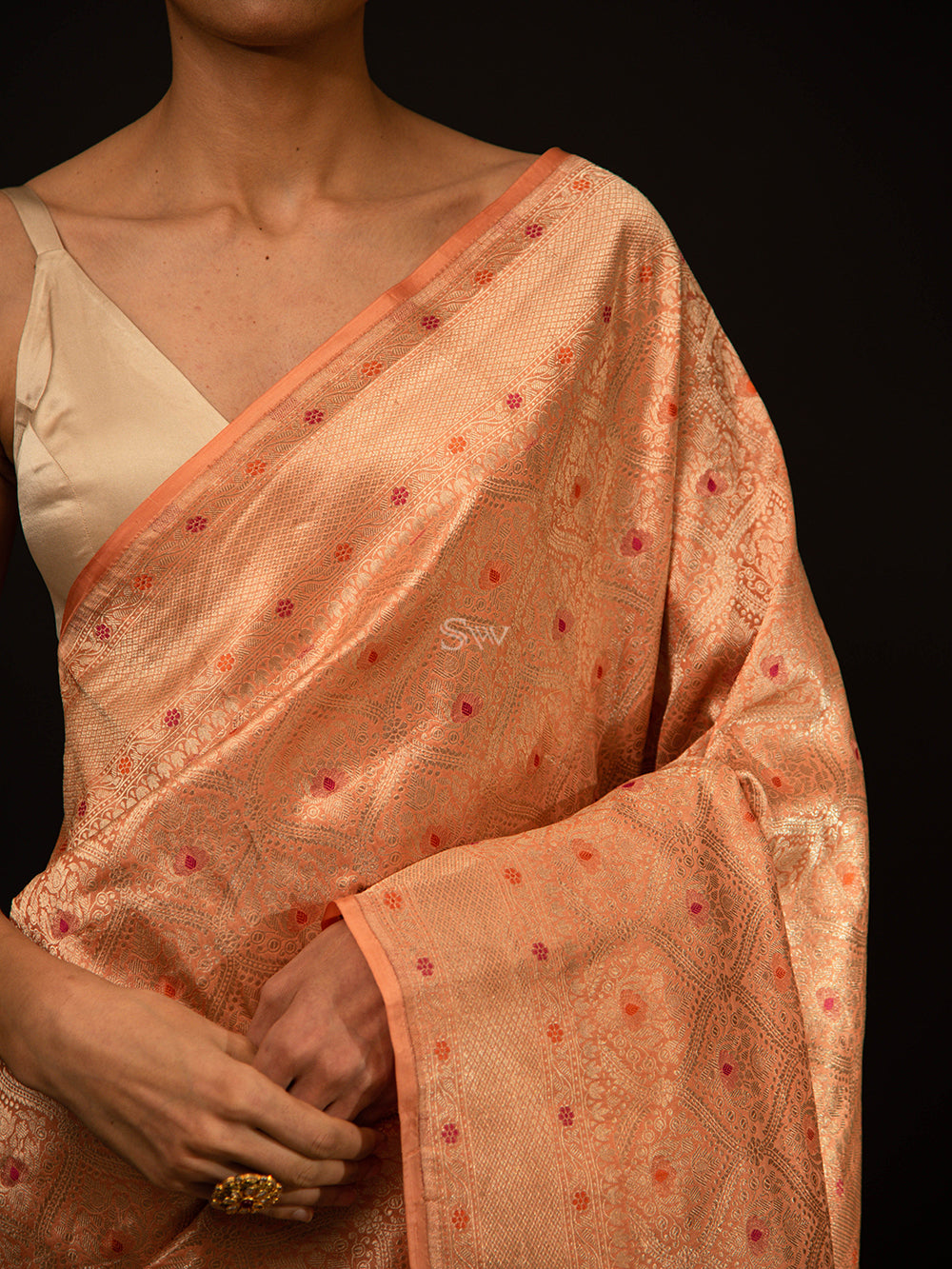 Peach Brocade Katan Silk Handloom Banarasi Saree - Sacred Weaves