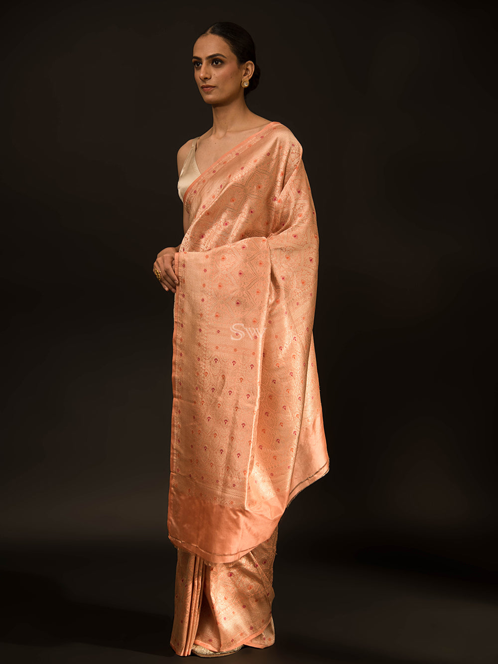 Peach Brocade Katan Silk Handloom Banarasi Saree - Sacred Weaves