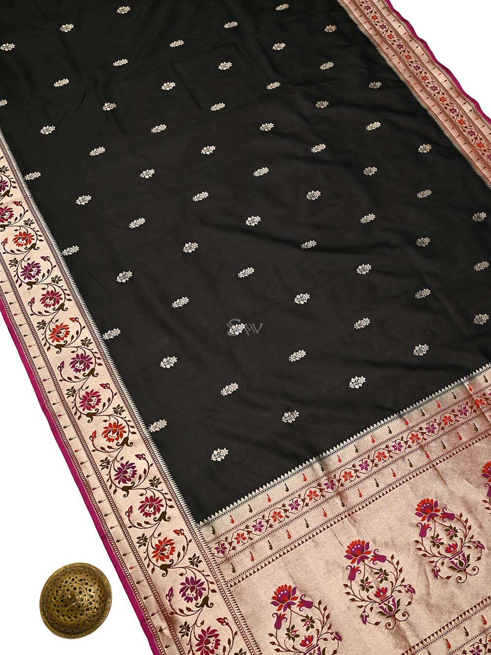 Black Paithani Katan Silk Handloom Banarasi Saree - Sacred Weaves