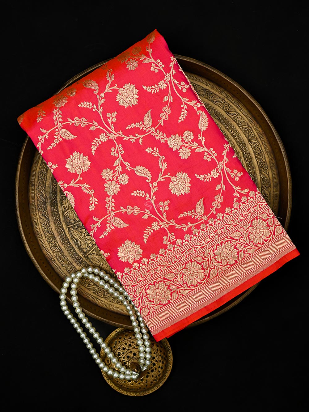 Pink Orange Jaal Uppada Katan Silk Handloom Banarasi Saree