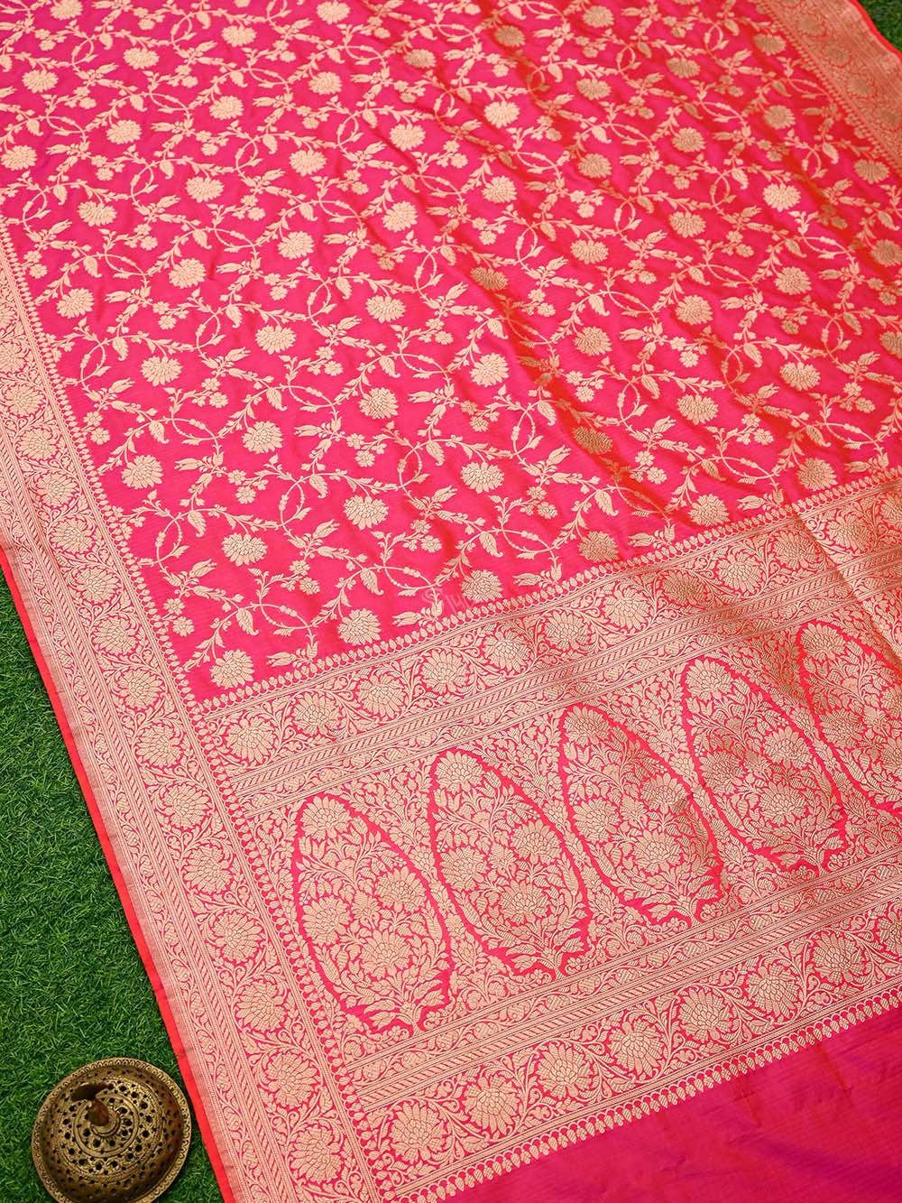 Pink Orange Jaal Uppada Katan Silk Handloom Banarasi Saree - Sacred Weaves