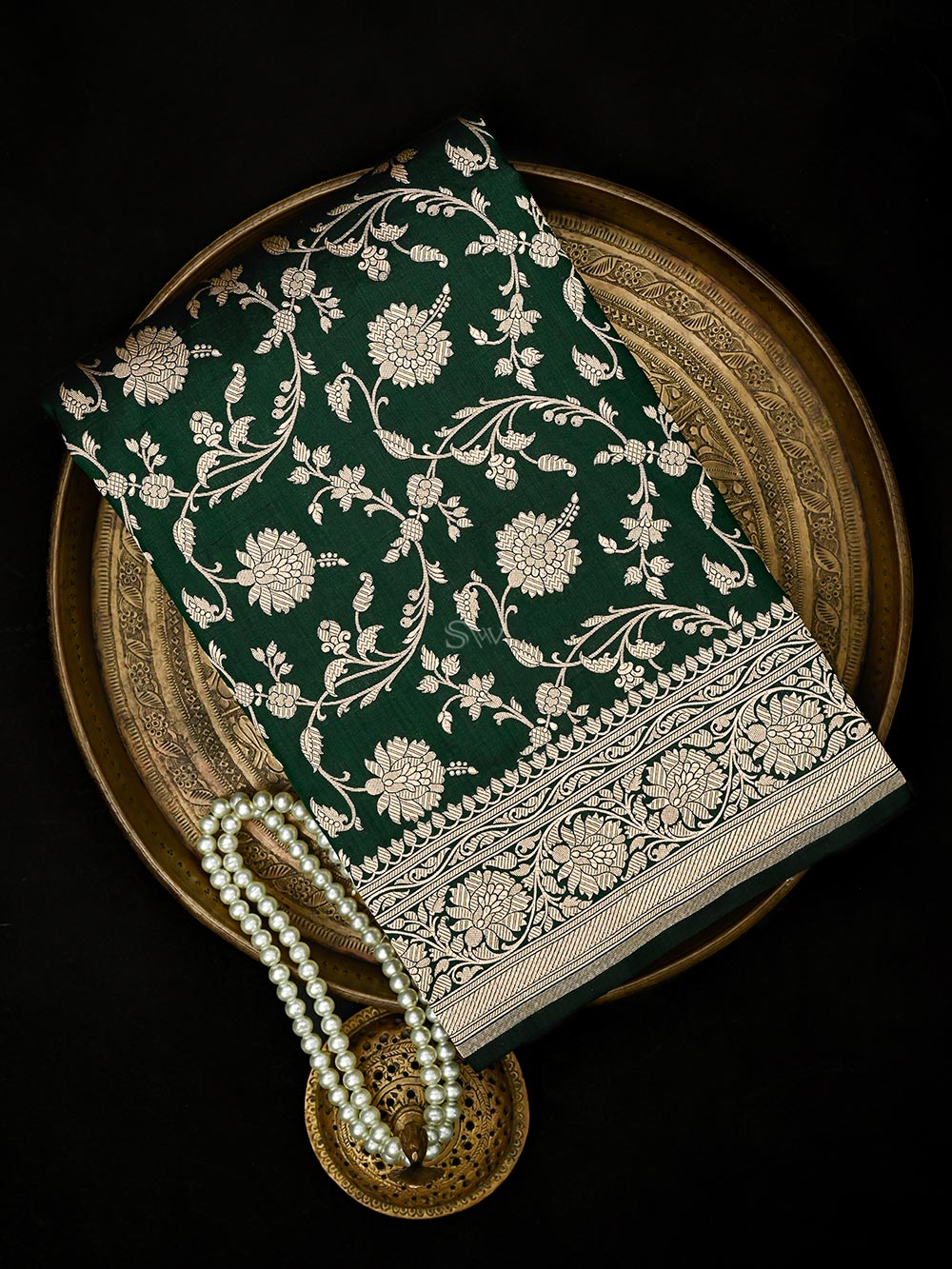 Bottle Green Jaal Uppada Katan Silk Handloom Banarasi Saree