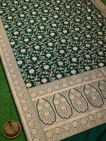 Bottle Green Jaal Uppada Katan Silk Handloom Banarasi Saree - Sacred Weaves