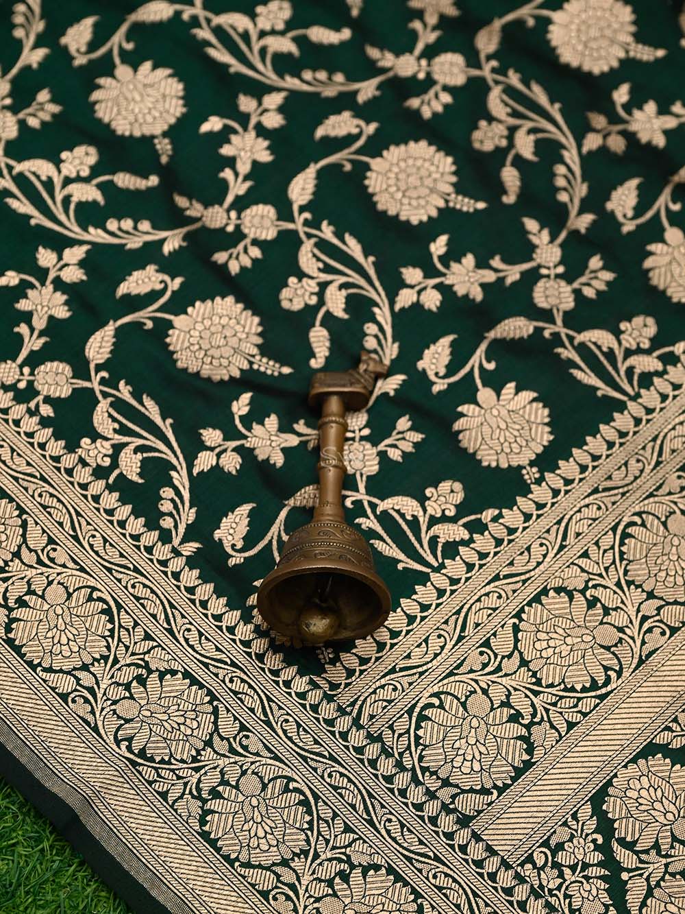 Bottle Green Jaal Uppada Katan Silk Handloom Banarasi Saree