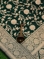 Bottle Green Jaal Uppada Katan Silk Handloom Banarasi Saree - Sacred Weaves