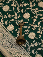 Bottle Green Jaal Uppada Katan Silk Handloom Banarasi Saree - Sacred Weaves