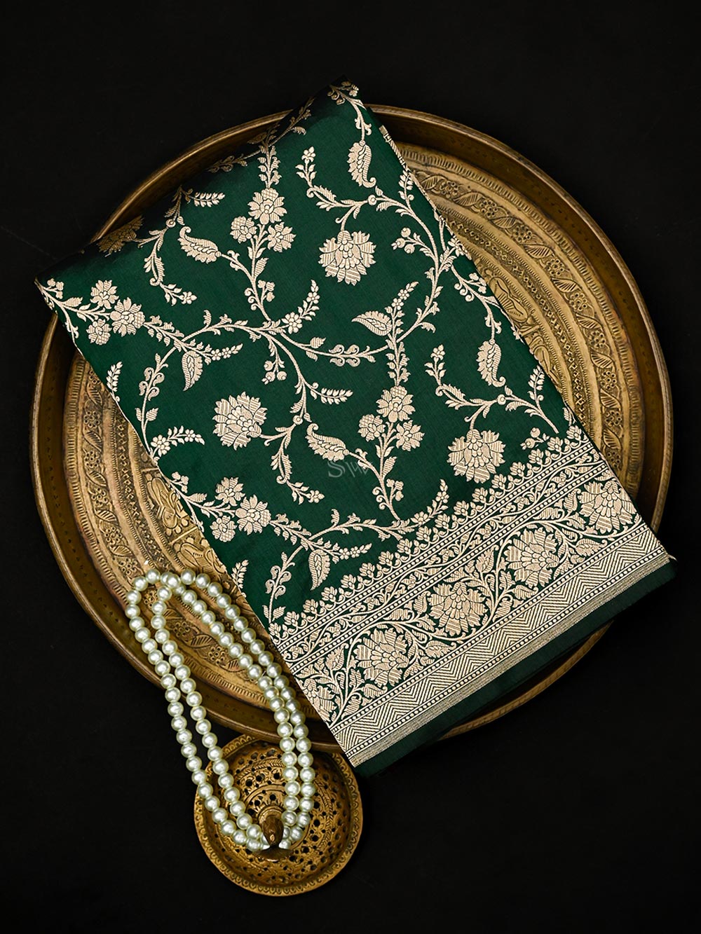 Bottle Green Jaal Uppada Katan Silk Handloom Banarasi Saree