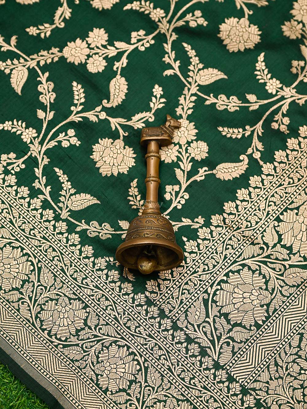 Bottle Green Jaal Uppada Katan Silk Handloom Banarasi Saree - Sacred Weaves