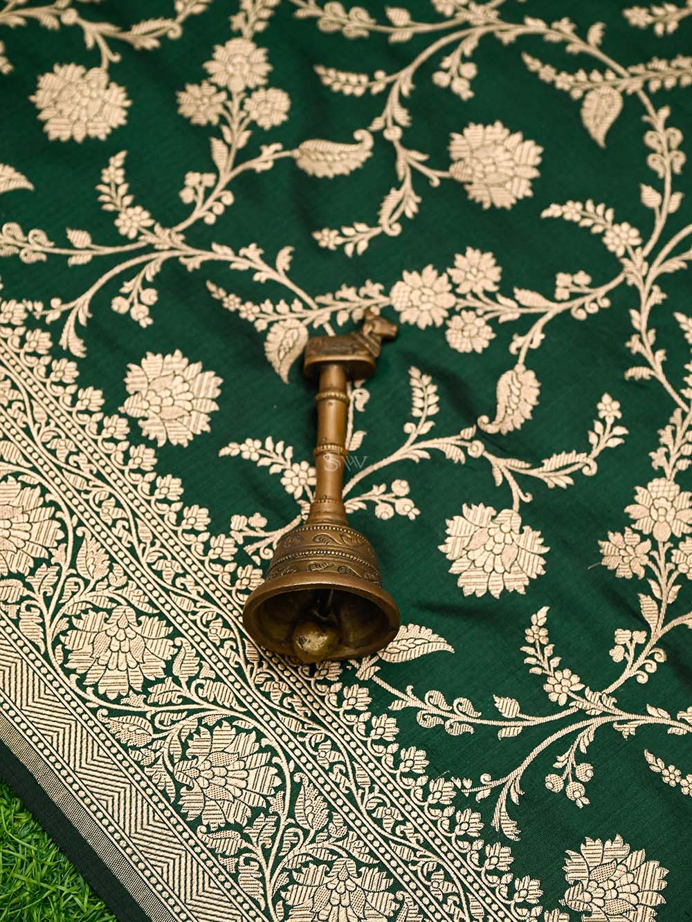 Bottle Green Jaal Uppada Katan Silk Handloom Banarasi Saree - Sacred Weaves