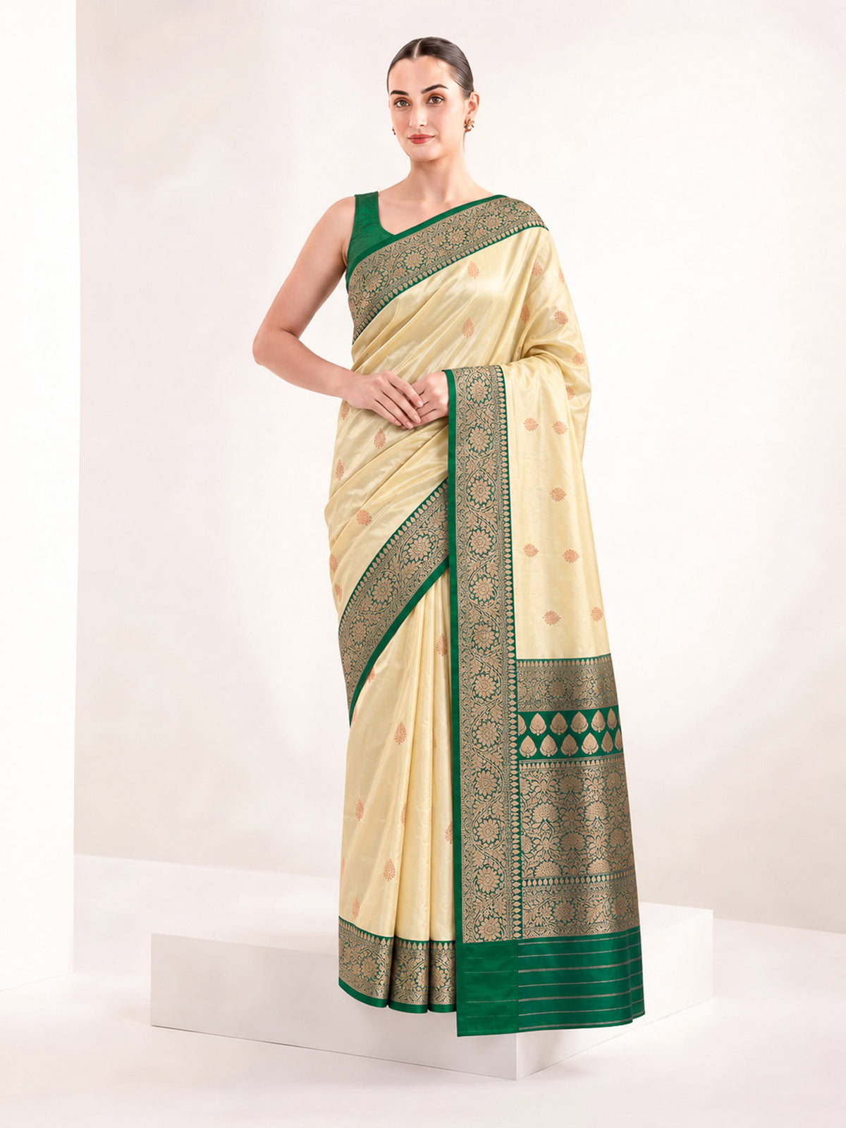 Beige Green Floral Boota Katan Silk Handloom Banarasi Saree - Sacred Weaves