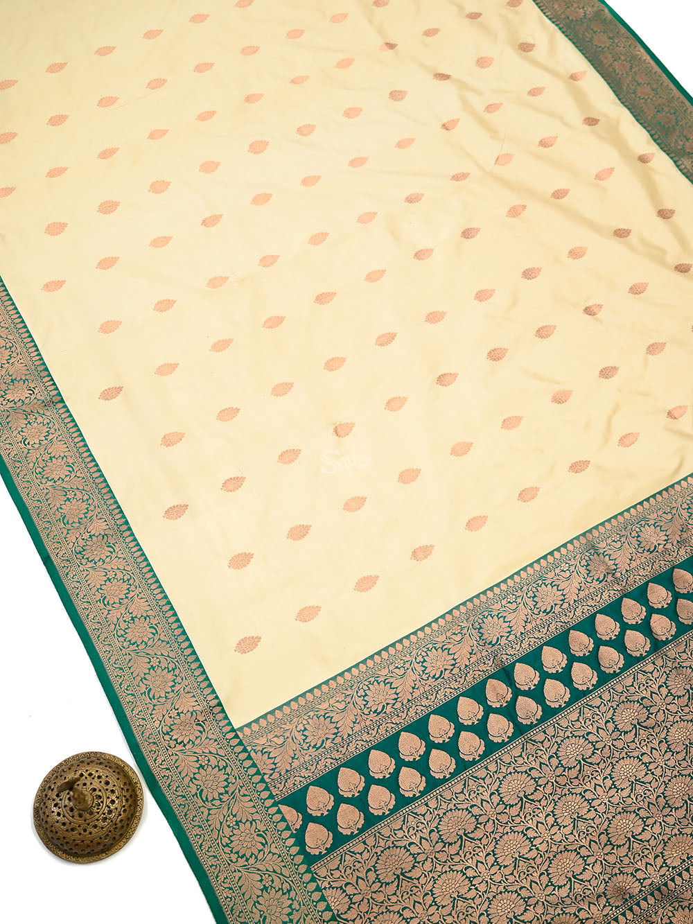 Beige Green Floral Boota Katan Silk Handloom Banarasi Saree - Sacred Weaves