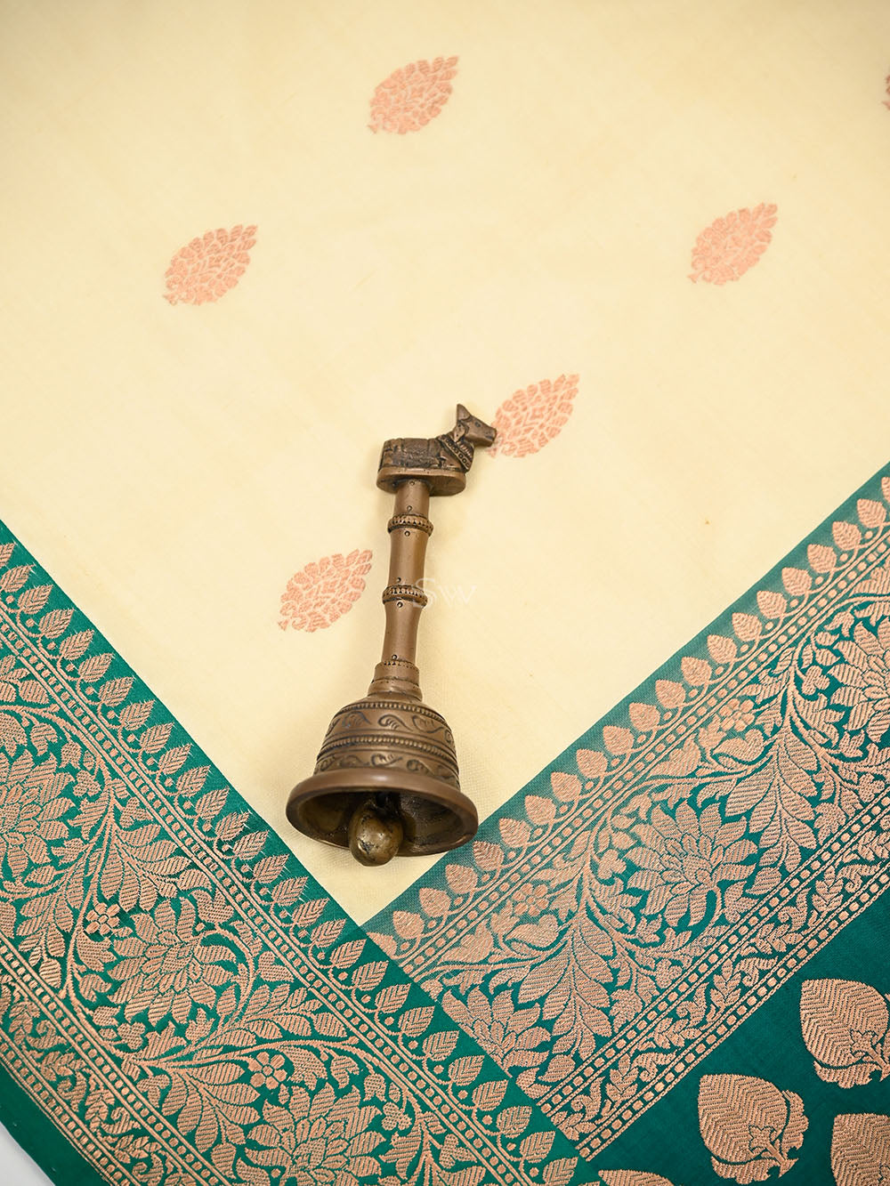 Beige Green Floral Boota Katan Silk Handloom Banarasi Saree - Sacred Weaves