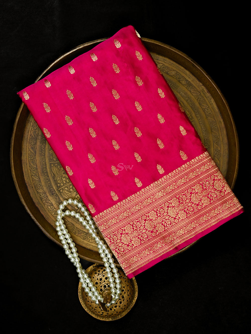Dark Pink Booti Satin Silk Handloom Banarasi Saree - Sacred Weaves