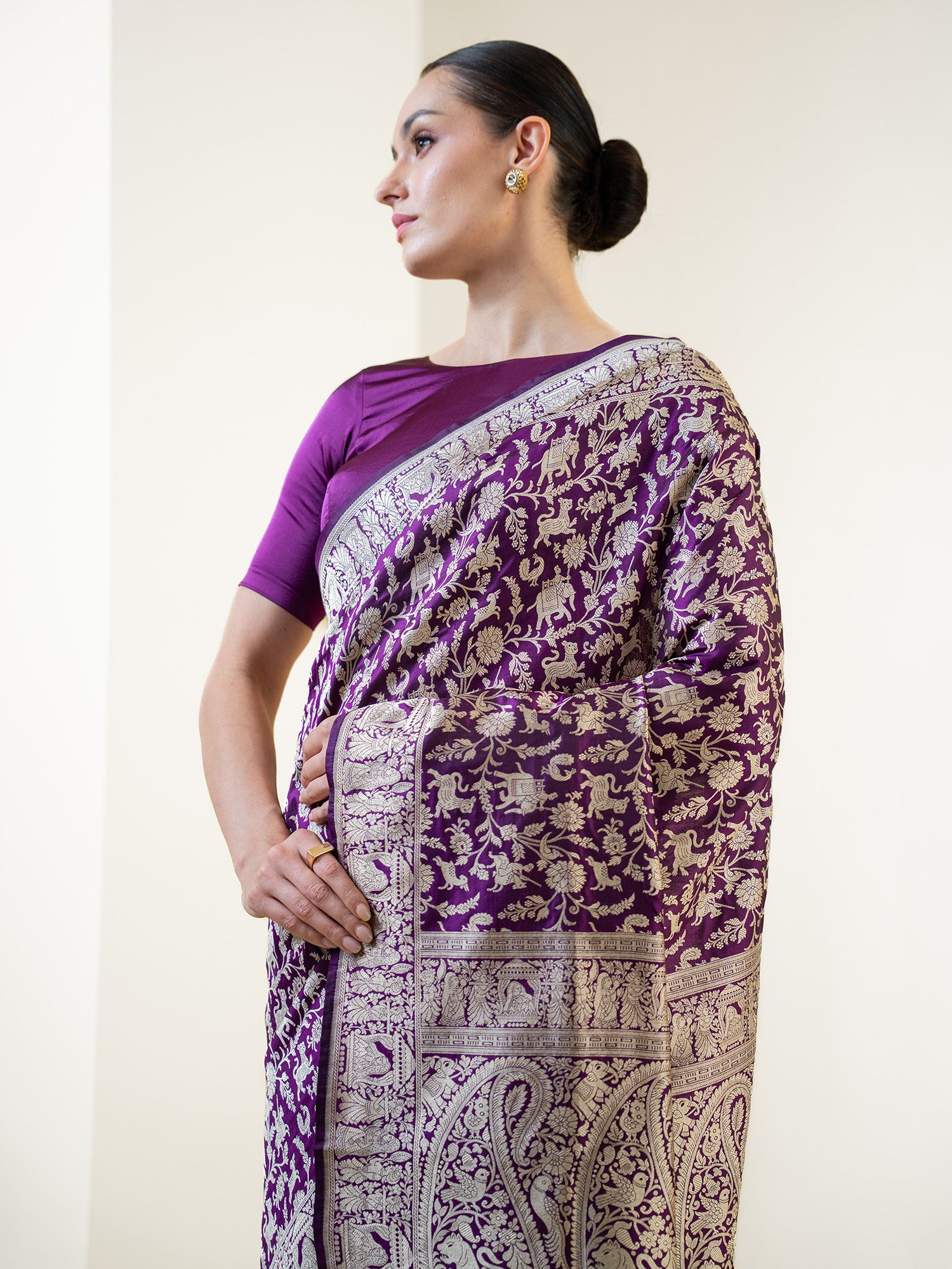 Dark Purple Shikargah Katan Silk Handloom Banarasi Saree - Sacred Weaves