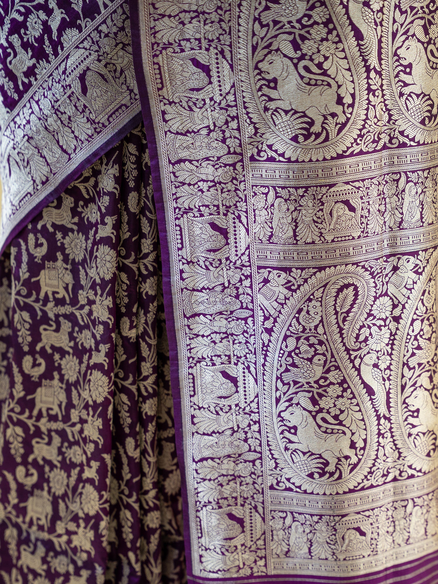 Dark Purple Shikargah Katan Silk Handloom Banarasi Saree - Sacred Weaves