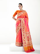 Orange Pink Booti Paithani Katan Silk Handloom Banarasi Saree - Sacred Weaves