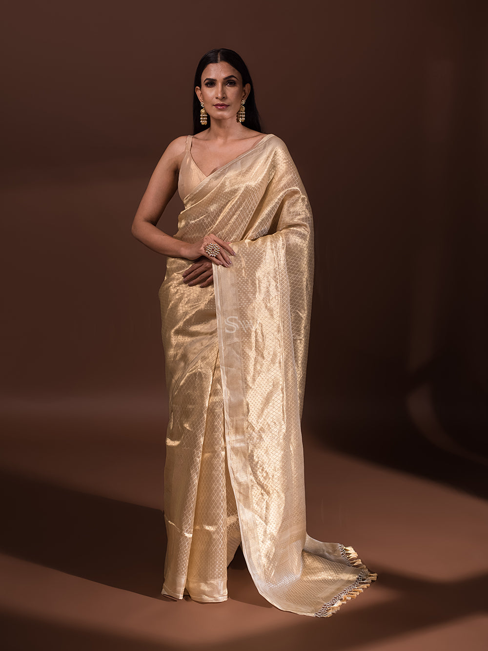 Beige Jaal Tissue Handloom Banarasi Saree - Sacred Weaves