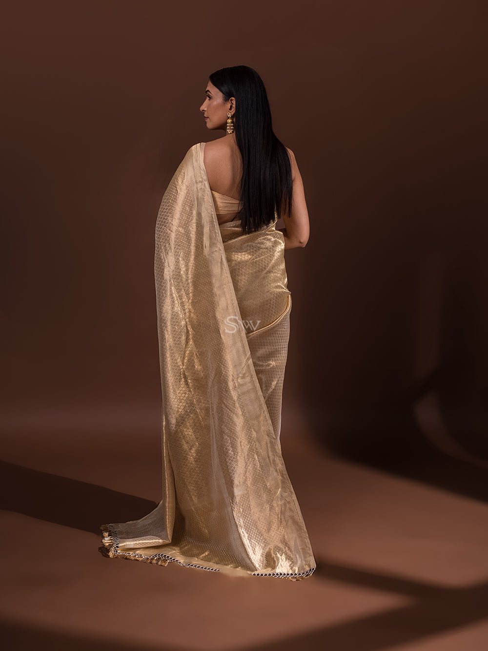 Beige Jaal Tissue Handloom Banarasi Saree - Sacred Weaves