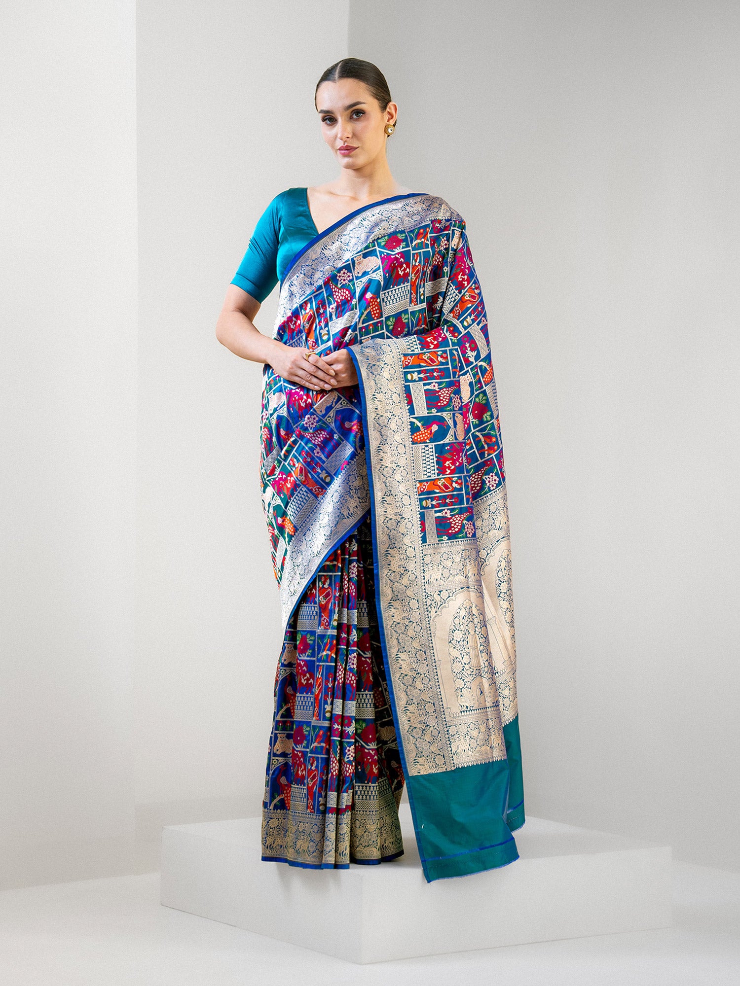 Peacock Blue Meenakari Katan Silk Handloom Banarasi Saree - Sacred Weaves