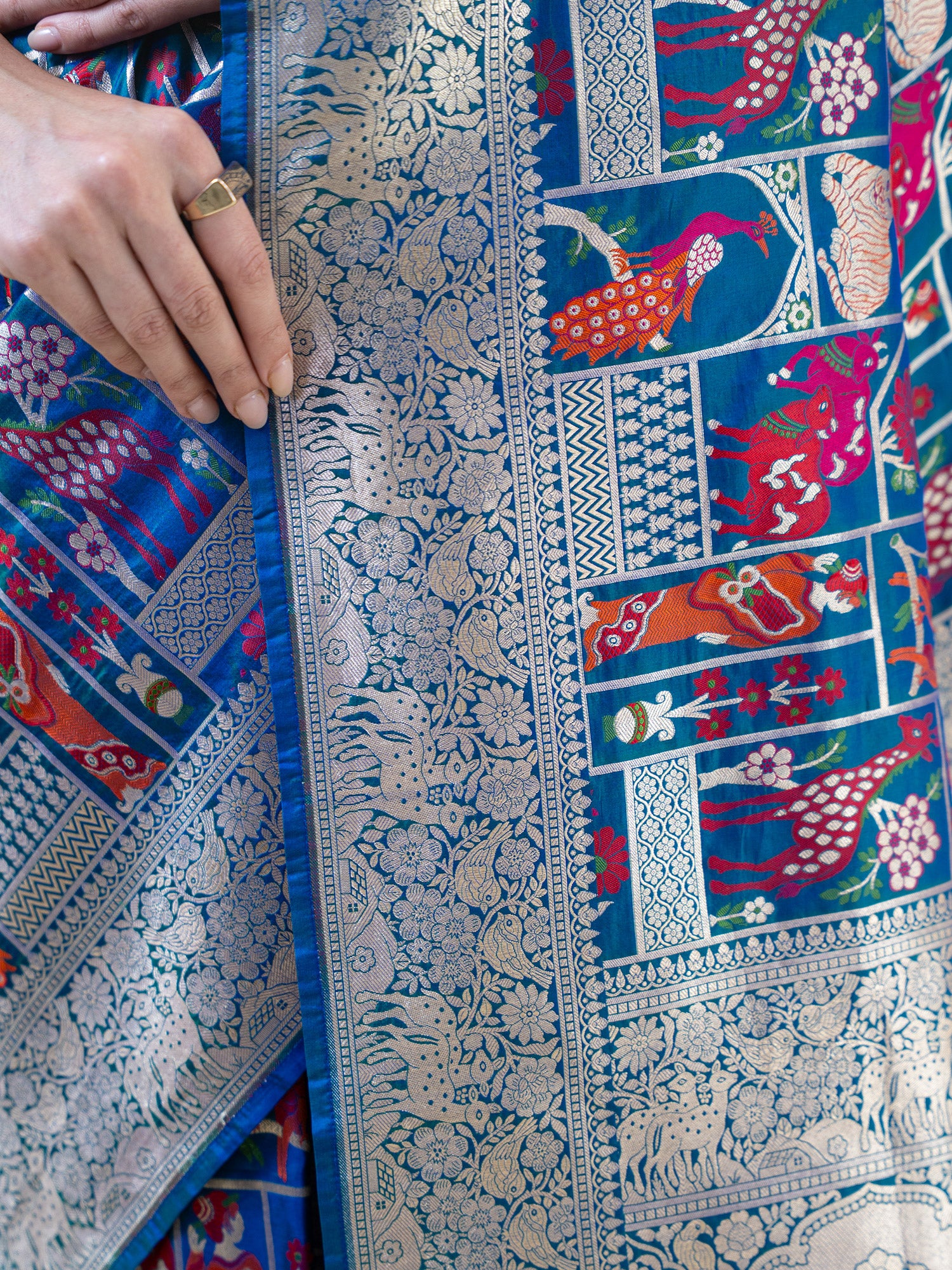 Peacock Blue Meenakari Katan Silk Handloom Banarasi Saree - Sacred Weaves