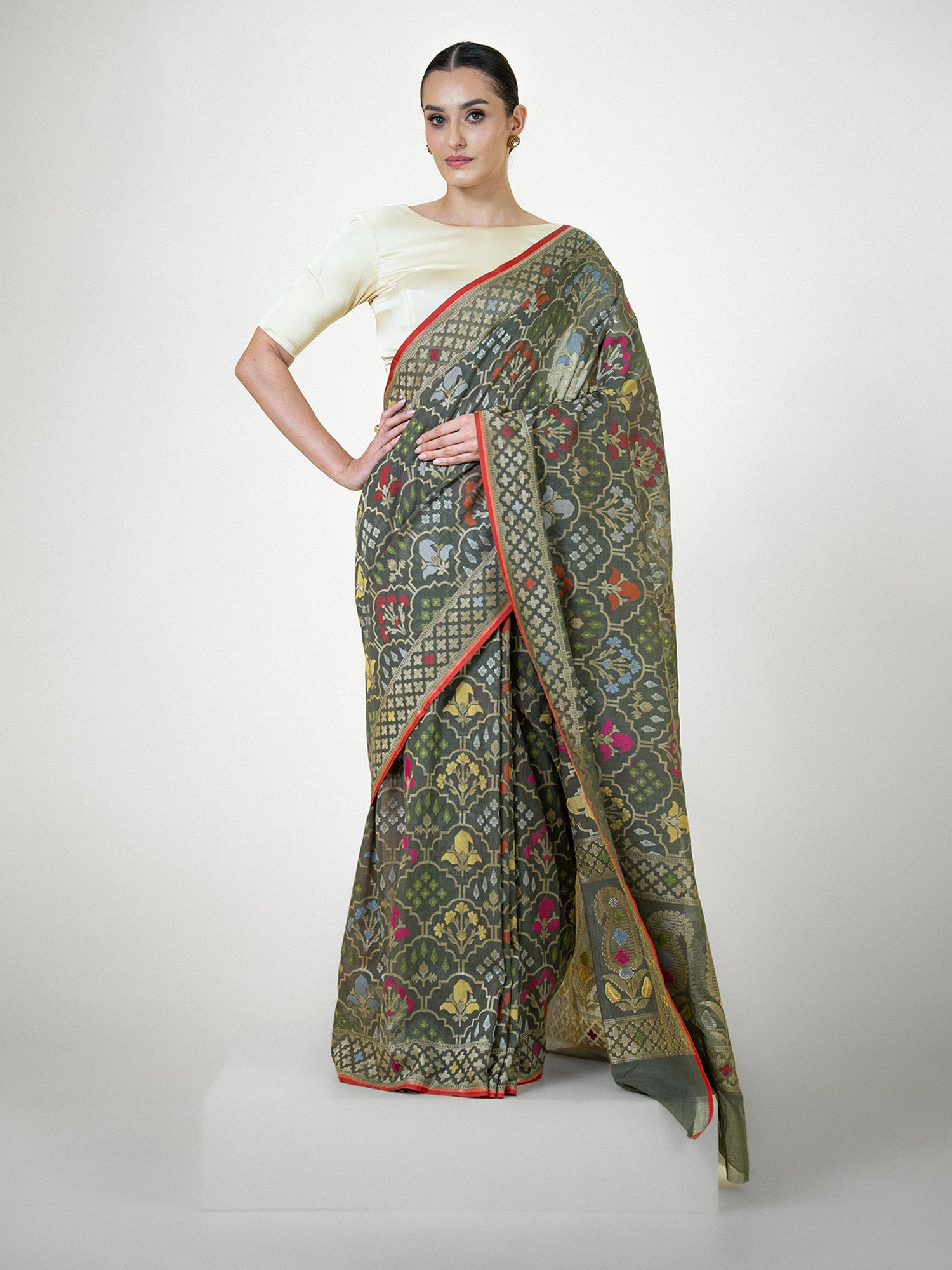 Olive Green Jaal Cotton Silk Handloom Banarasi Saree - Sacred Weaves
