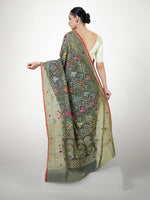 Olive Green Jaal Cotton Silk Handloom Banarasi Saree - Sacred Weaves