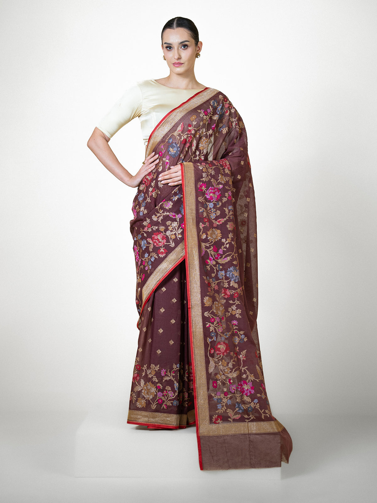 Dark Brown Booti Cotton Silk Handloom Banarasi Saree - Sacred Weaves