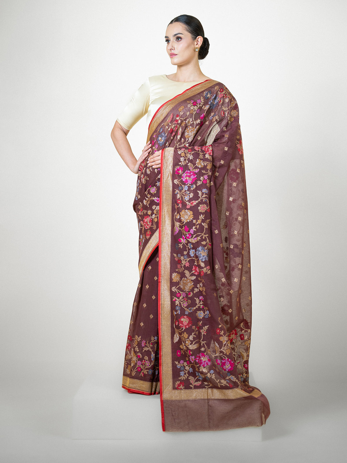 Dark Brown Booti Cotton Silk Handloom Banarasi Saree - Sacred Weaves