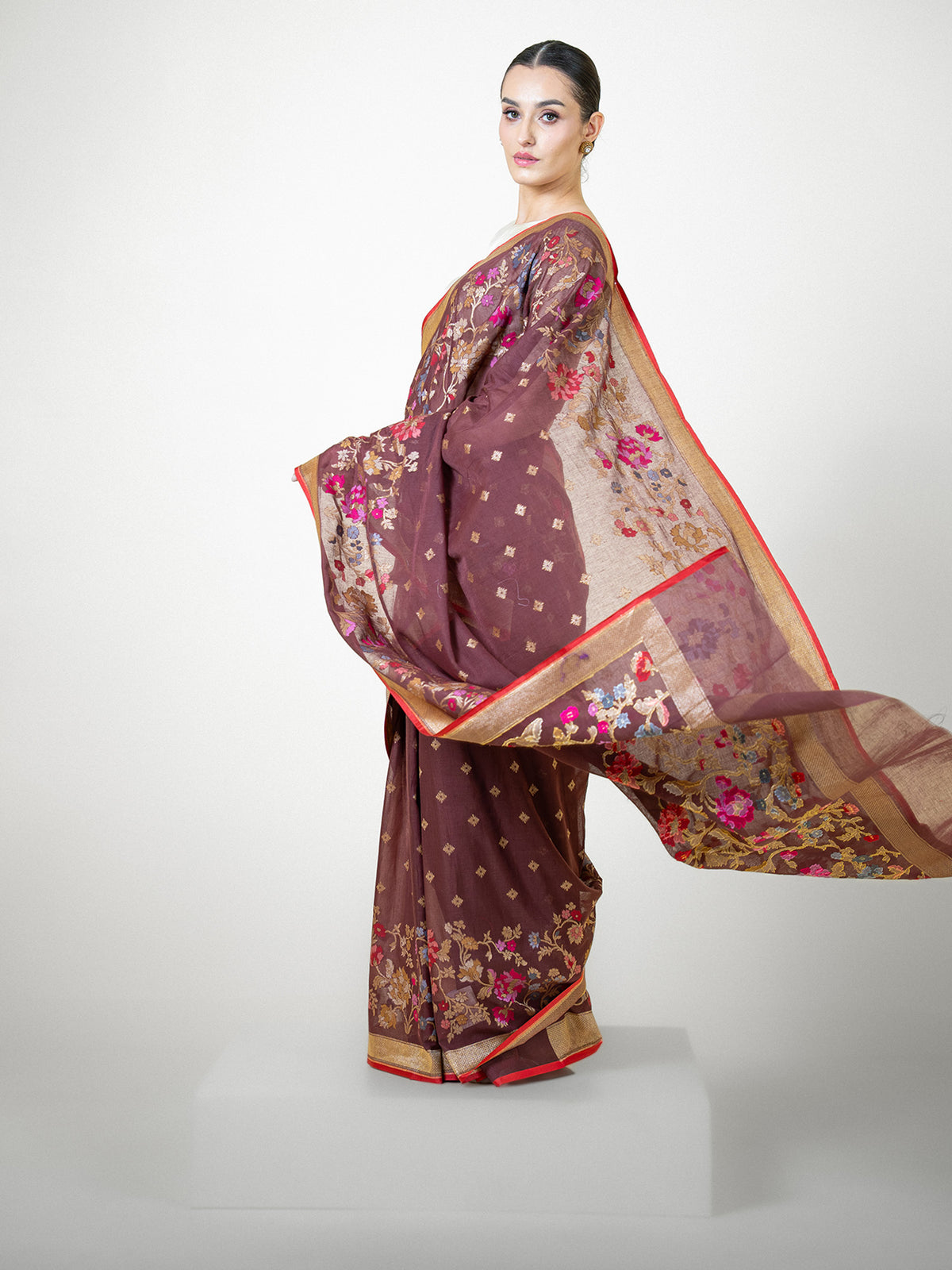 Dark Brown Booti Cotton Silk Handloom Banarasi Saree - Sacred Weaves