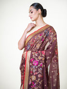 Dark Brown Booti Cotton Silk Handloom Banarasi Saree - Sacred Weaves