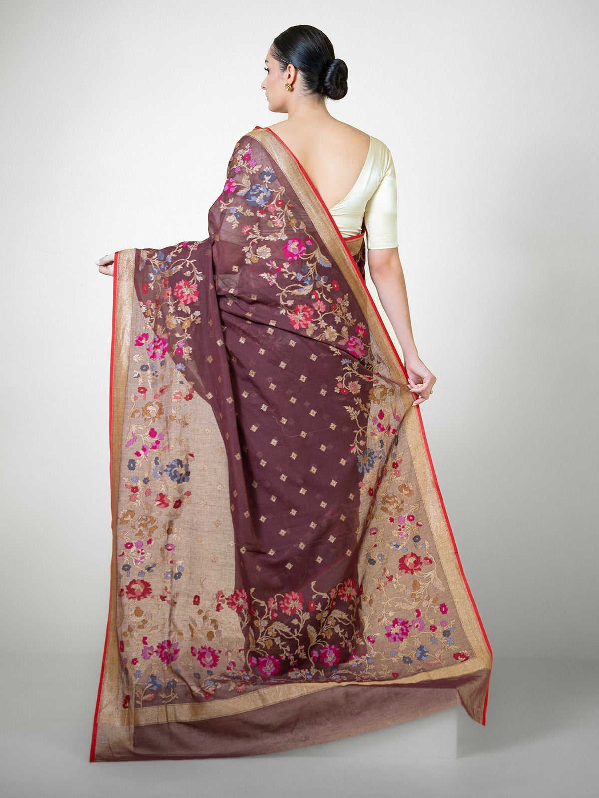 Dark Brown Booti Cotton Silk Handloom Banarasi Saree - Sacred Weaves