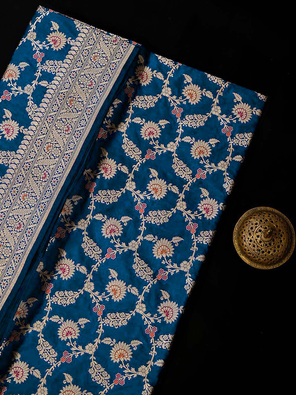 Midnight Blue Meenakari Jaal Uppada Katan Silk Handloom Banarasi Saree - Sacred Weaves