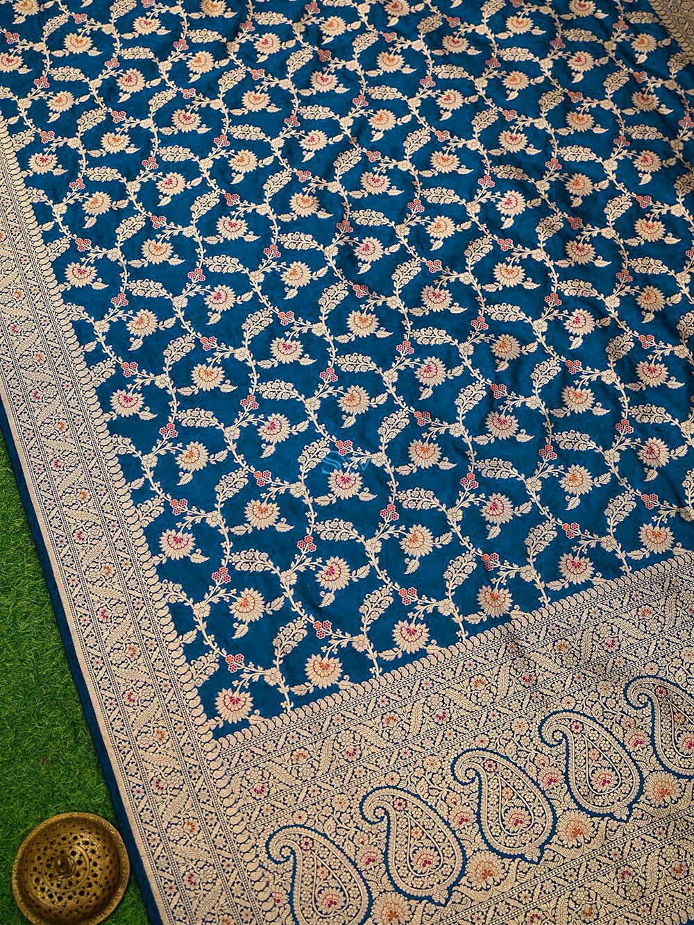 Midnight Blue Meenakari Jaal Uppada Katan Silk Handloom Banarasi Saree - Sacred Weaves