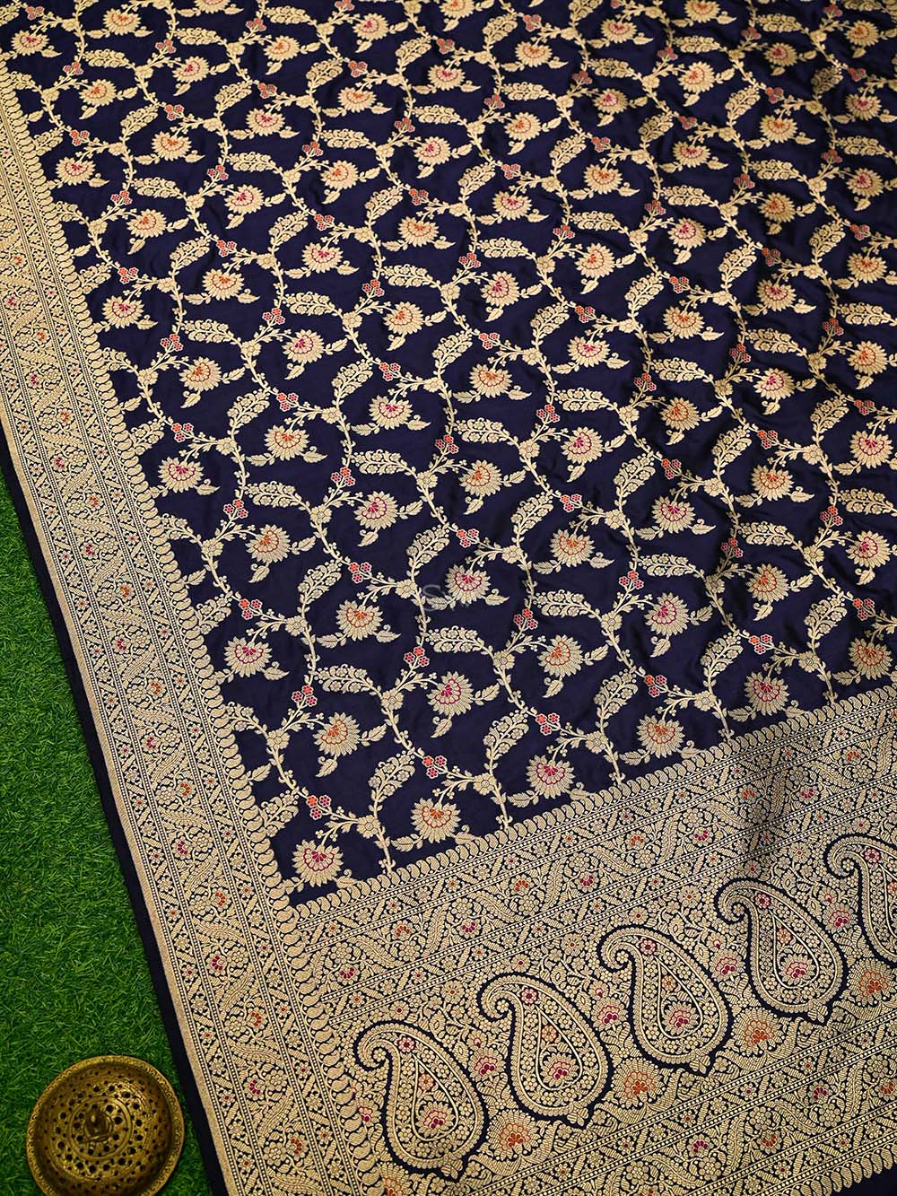 Blue Meenakari Jaal Uppada Katan Silk Handloom Banarasi Saree - Sacred Weaves