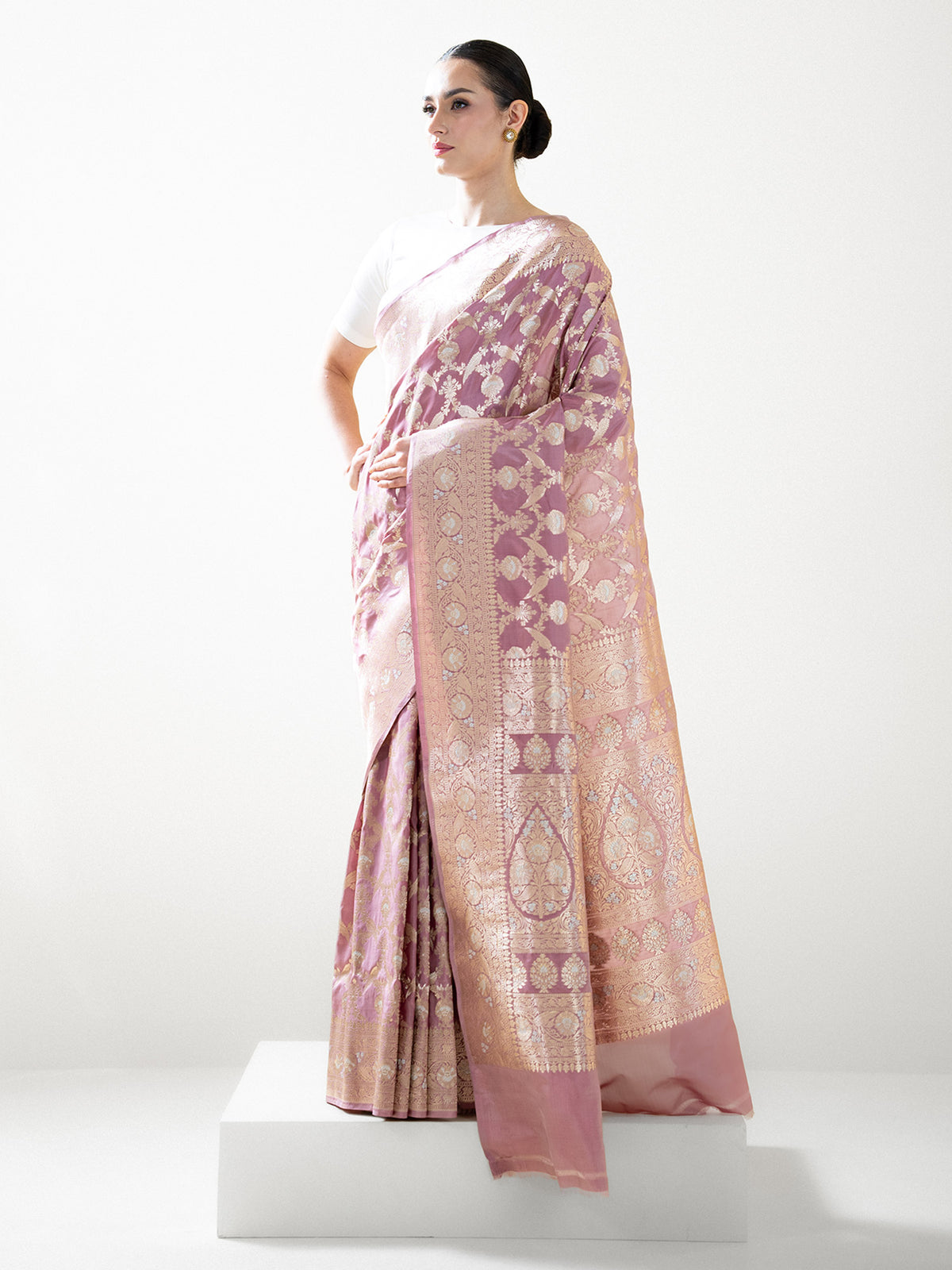Dusty Pink Jaal Uppada Katan Silk Handloom Banarasi Saree - Sacred Weaves