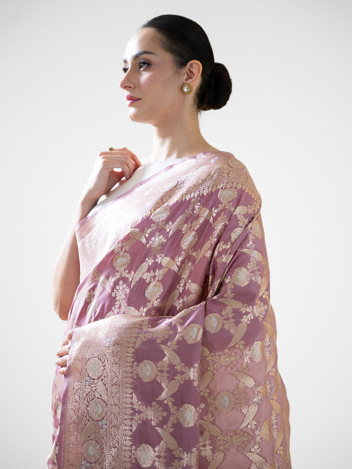 Dusty Pink Jaal Uppada Katan Silk Handloom Banarasi Saree - Sacred Weaves